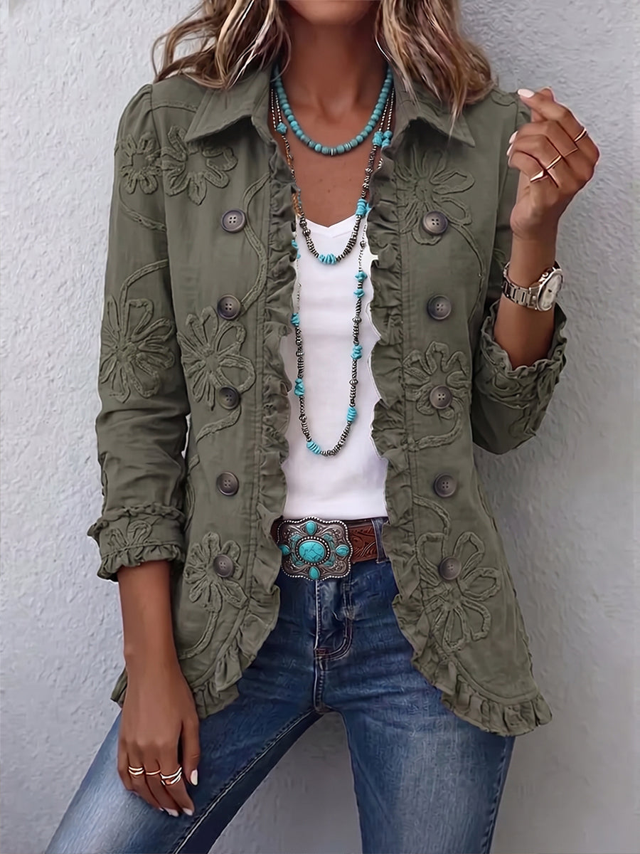 Kamberly™ | Chaqueta utility boho-chic con bordado floral y ribete de volantes