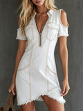 Vestido casual para mujer en denim, de línea suave, con cuello tipo solapa y manga corta.
