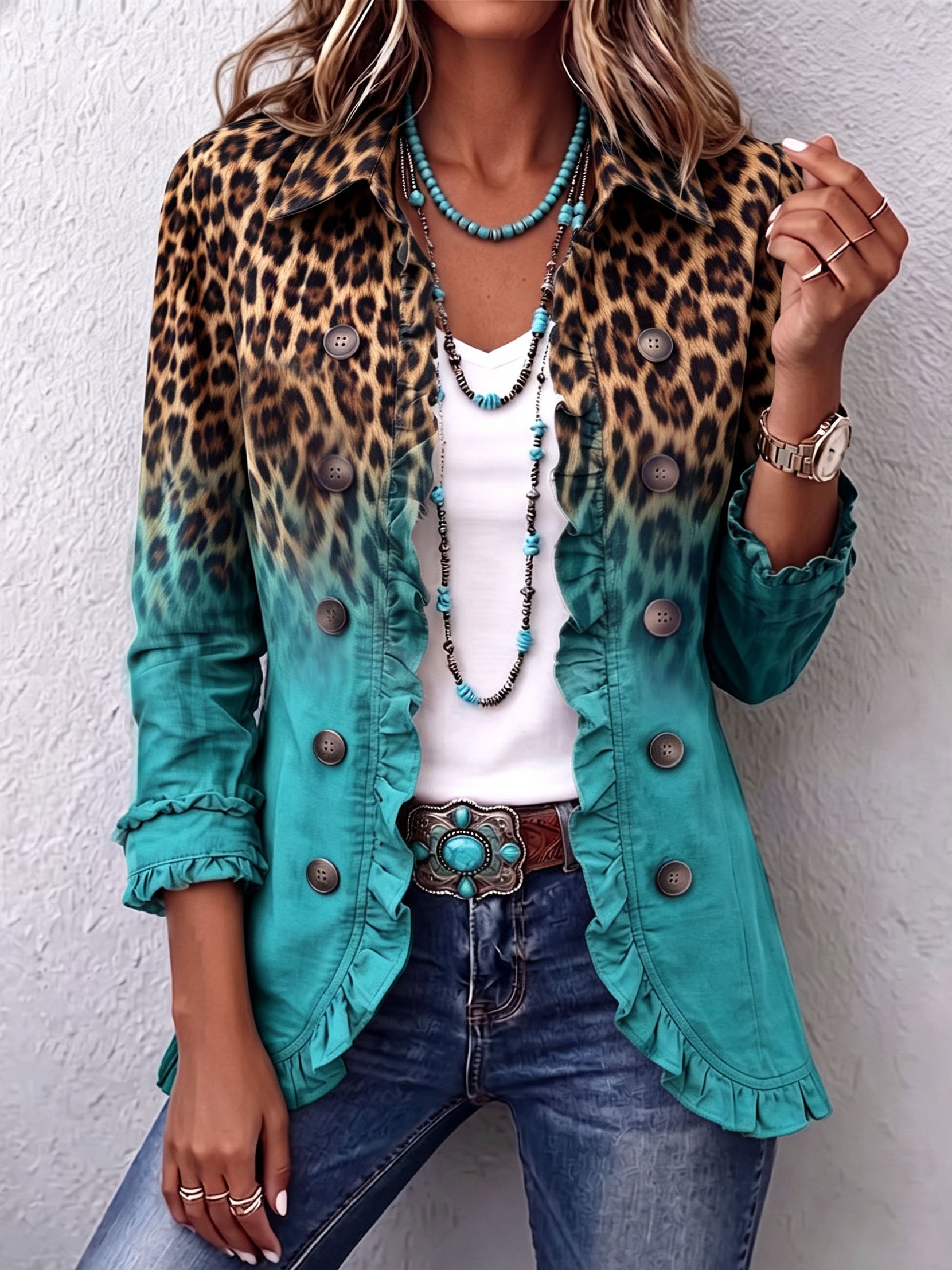 Elspeth™ | Blazer con volantes y estampado de leopardo degradado