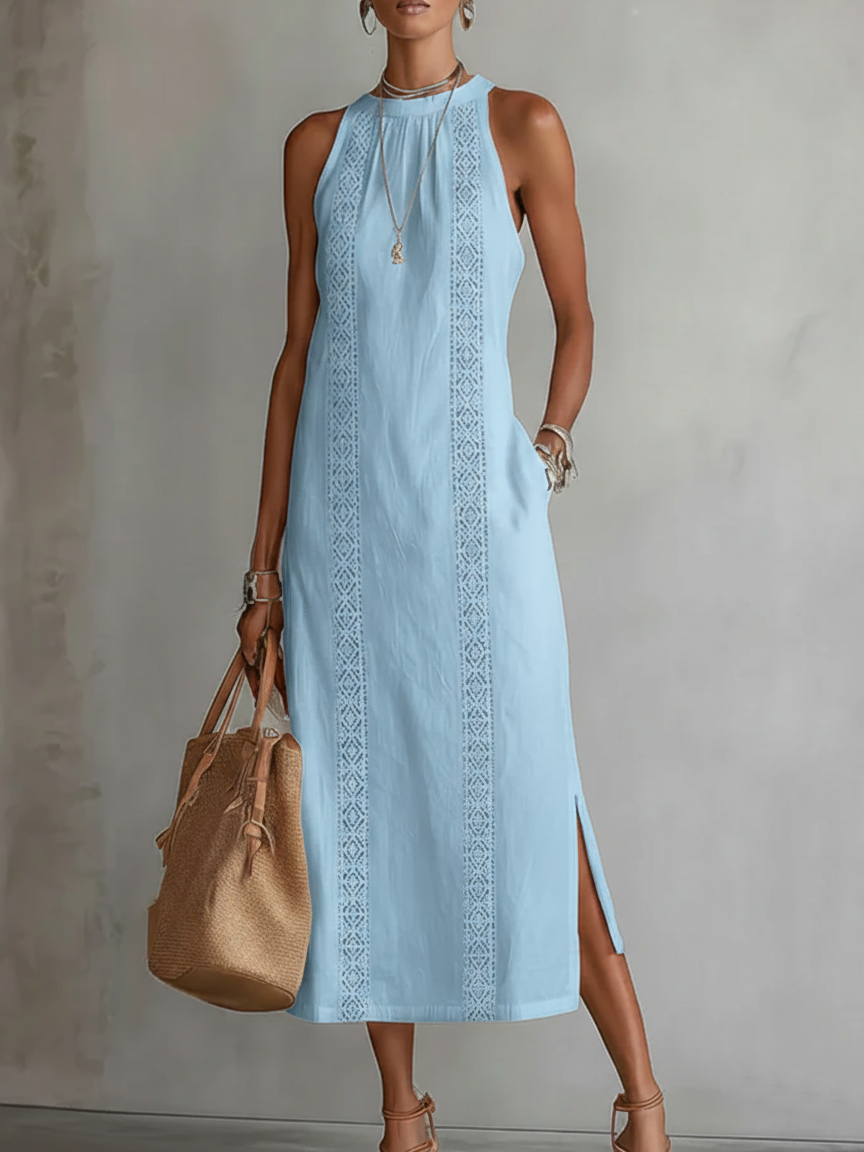 Jimena | Vestido Midi en Lino con Cuello Mao
