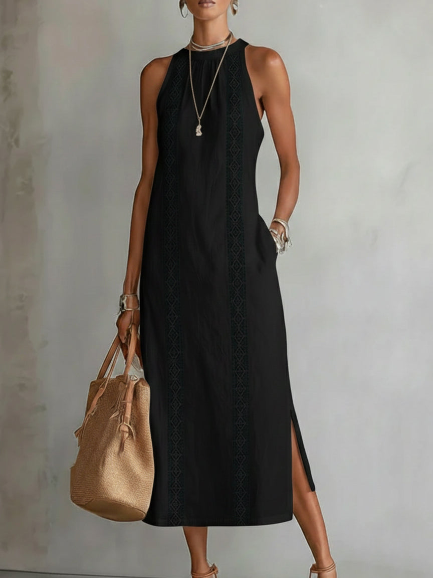 Jimena | Vestido Midi en Lino con Cuello Mao