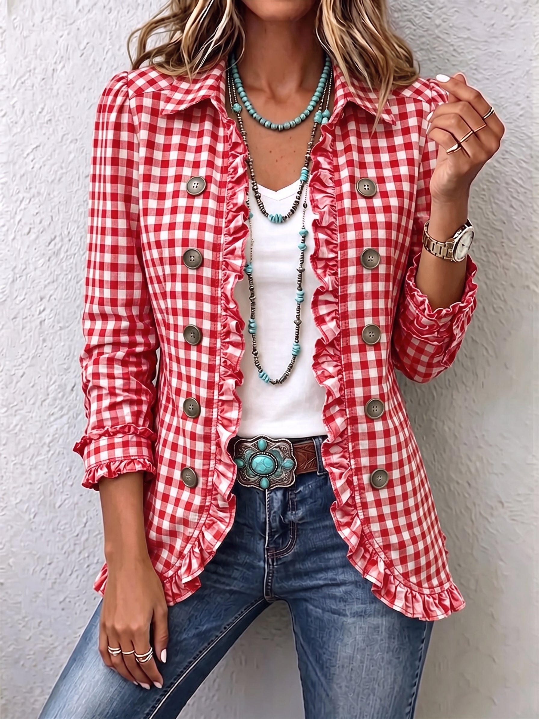 Charlene™ | Chaqueta de botones con volantes y cuadro vichy