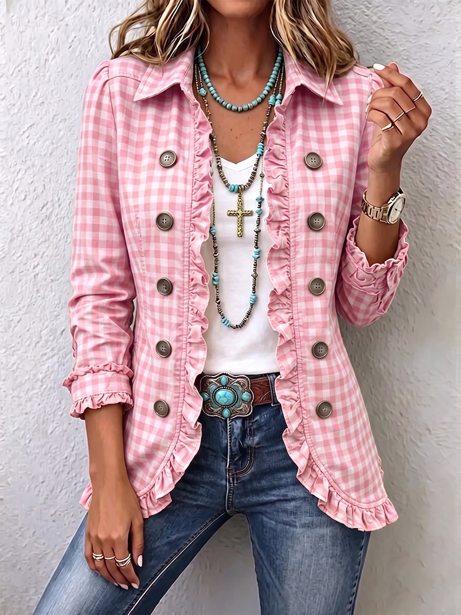 Charlene™ | Chaqueta de botones con volantes y cuadro vichy