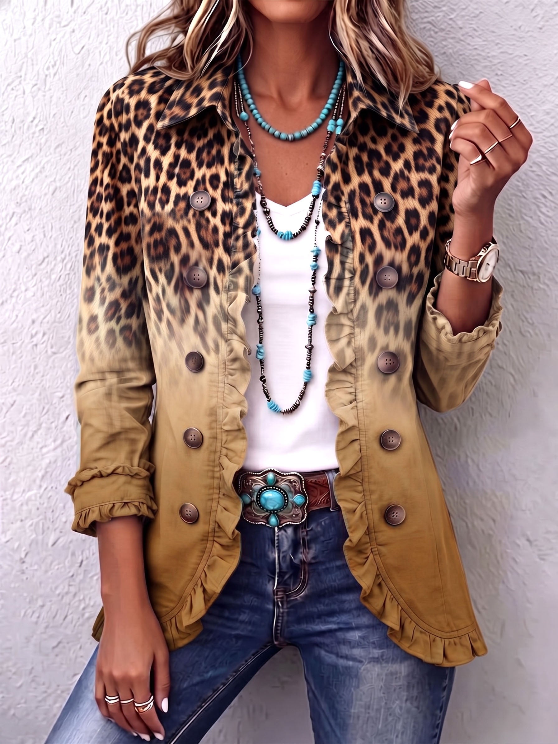 Elspeth™ | Blazer con volantes y estampado de leopardo degradado