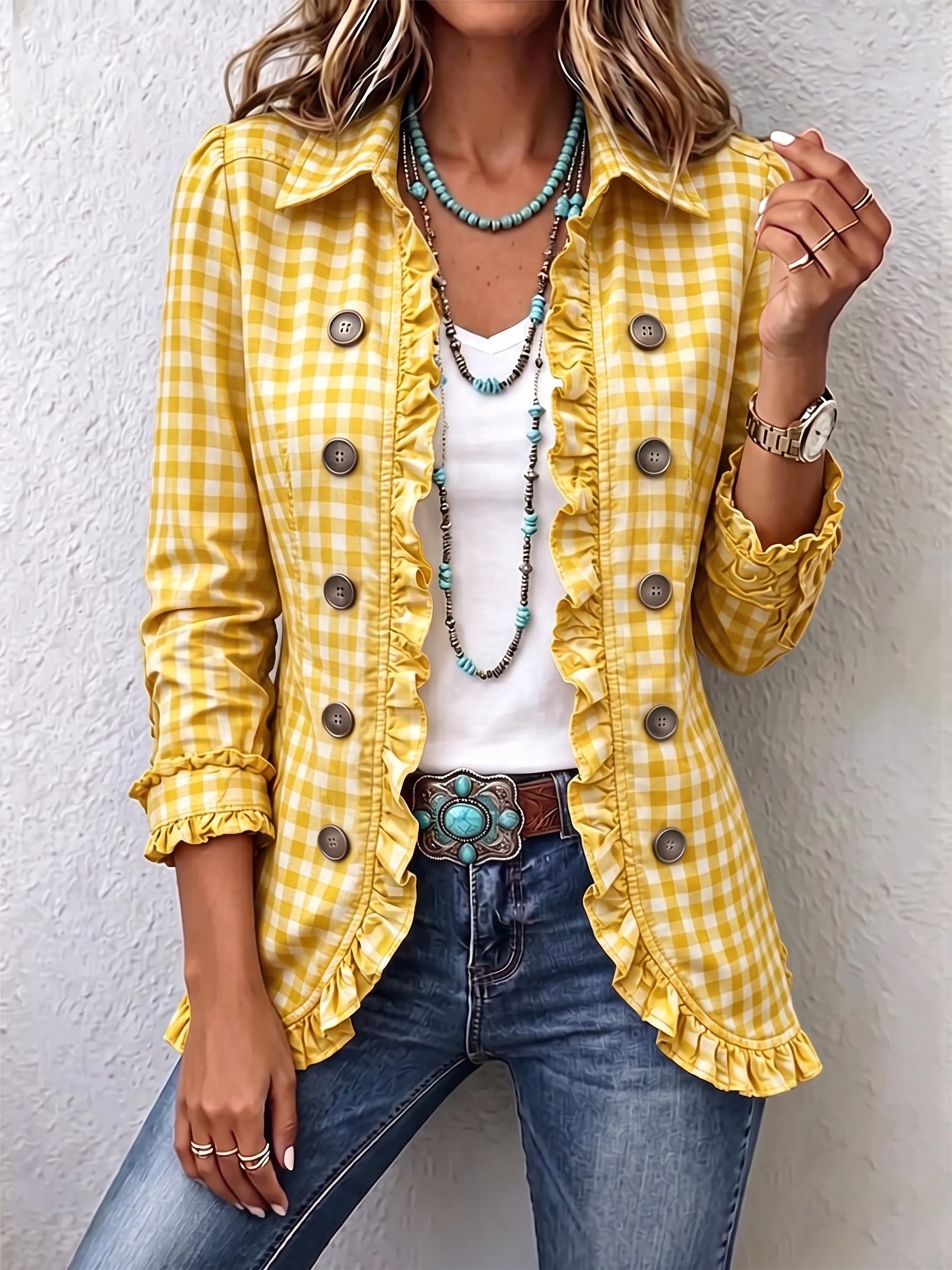 Charlene™ | Chaqueta de botones con volantes y cuadro vichy