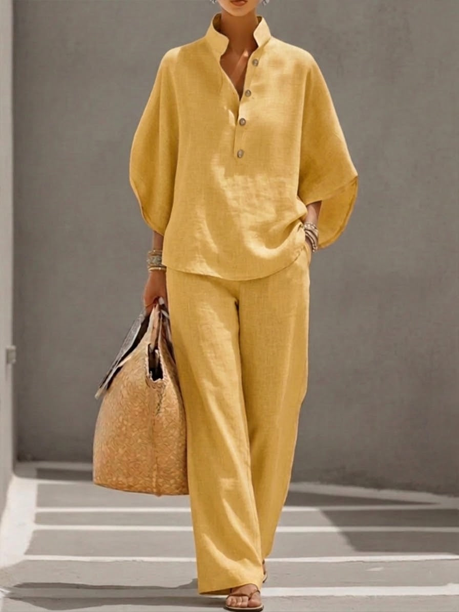 Mariel | Conjunto de algodón y lino con mangas tipo murciélago y pantalón ancho
