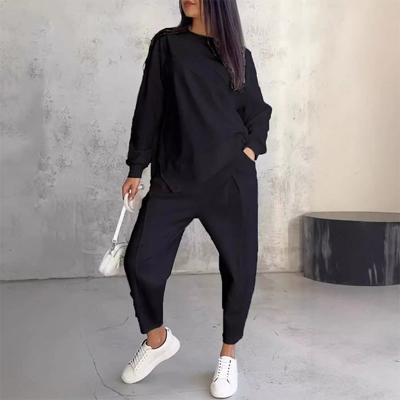Conjunto de dos piezas para mujer: sudadera de felpa de manga larga con dobladillo asimétrico y pantalones