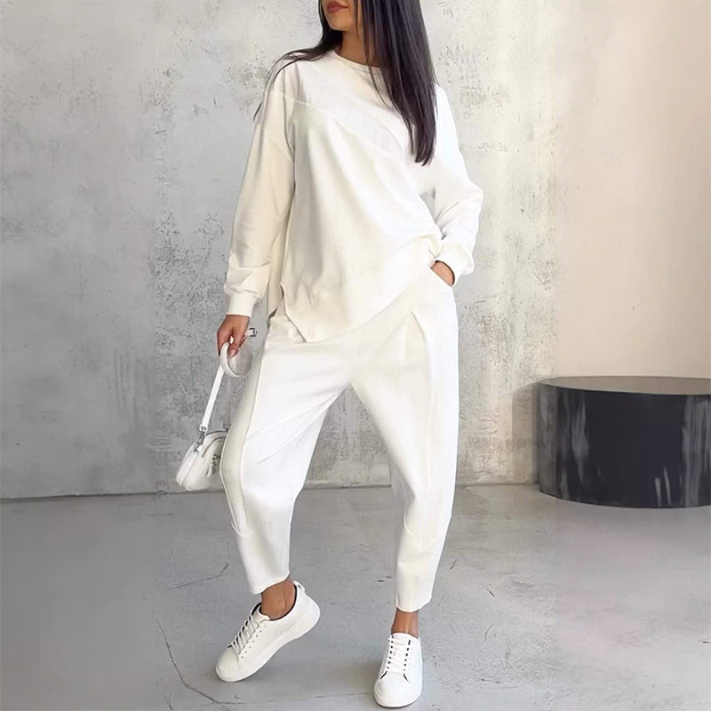 Conjunto de dos piezas para mujer: sudadera de felpa de manga larga con dobladillo asimétrico y pantalones