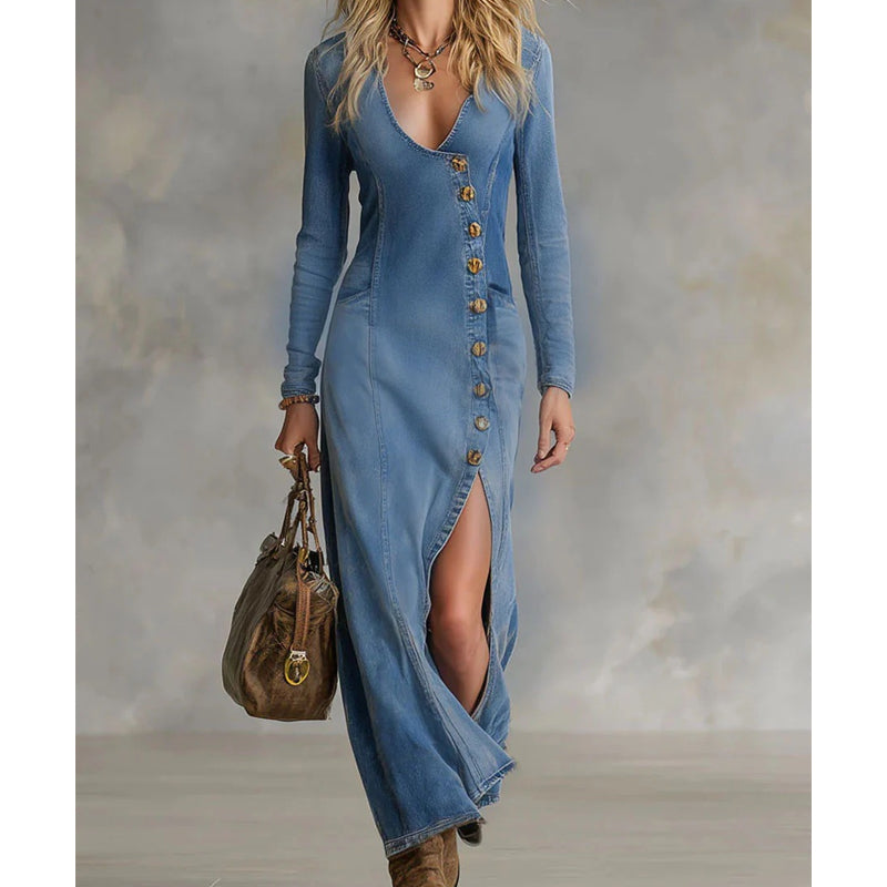 👗 ¡DESCUENTO DEL 60%! 🔥 Vestido largo para mujer con escote en V y mangas largas - Tejido suave, ajuste entallado y abertura alta 💫💃