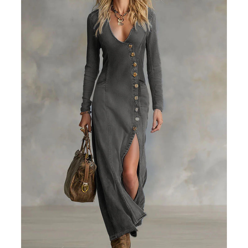 👗 ¡DESCUENTO DEL 60%! 🔥 Vestido largo para mujer con escote en V y mangas largas - Tejido suave, ajuste entallado y abertura alta 💫💃