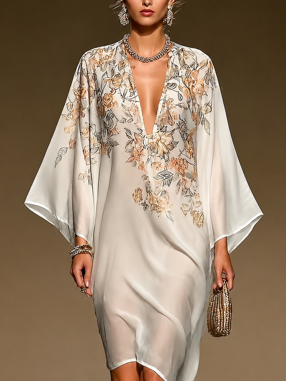 Vestido Caftán de Chifón Beige con Estampado Floral, Escote en V Profundo, Manga Murciélago, Bajo Asimétrico, Vestido Midi Fluido